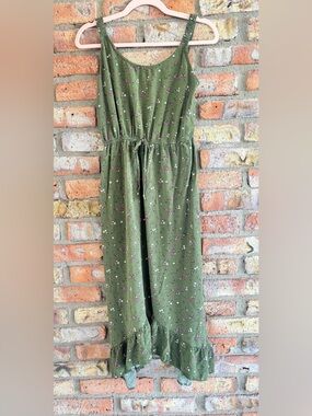 Olive Green Floral Smocked-Waist Maxi Dress